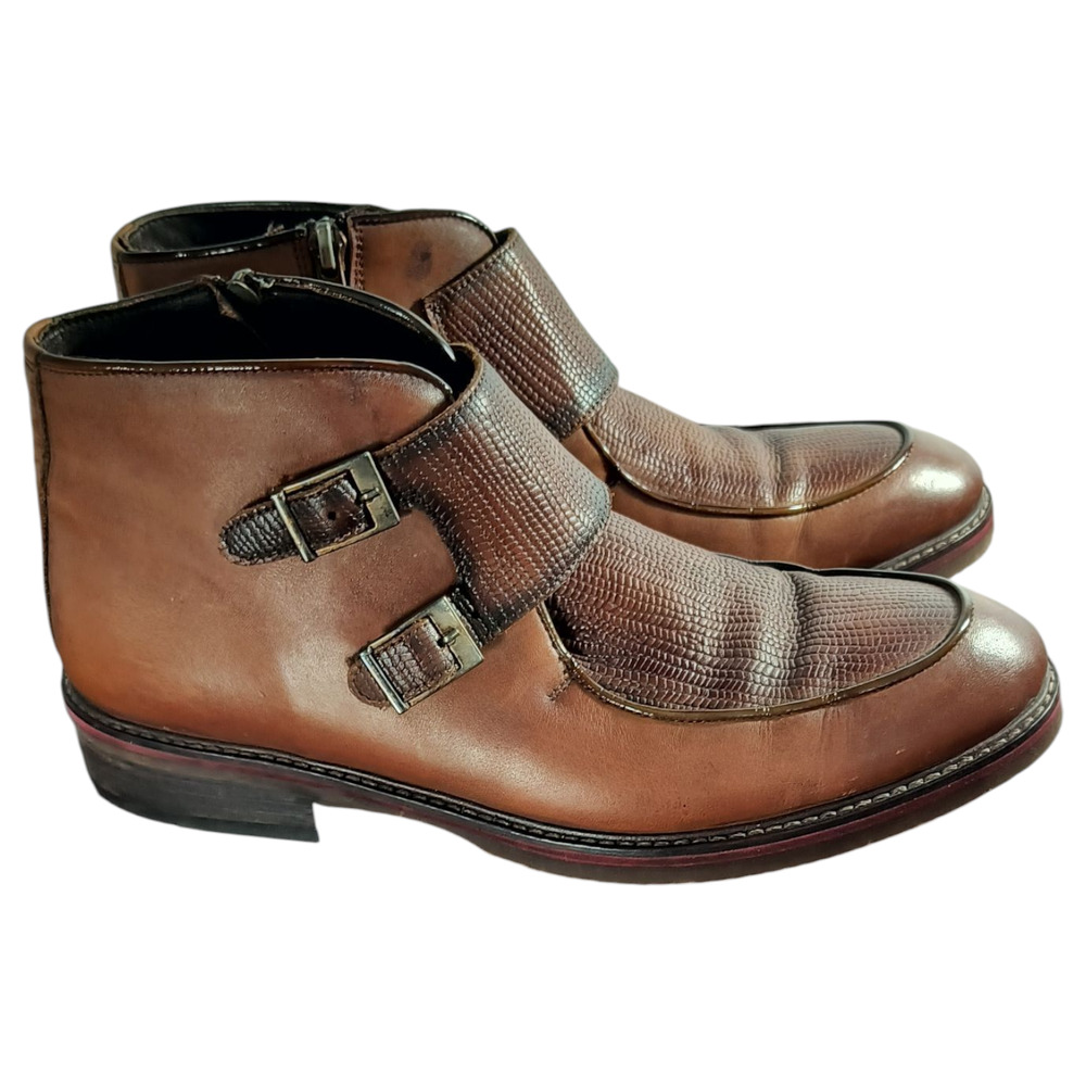 Bayer Double Monk Strap Leather Boot Shoes Men's 40/ US 7 Brown Side Zip Buckle